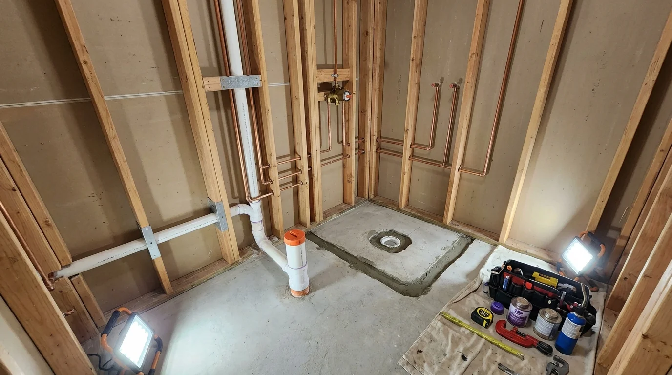 Bathroom rough-in plumbing during remodel by Johns Plumbing LLC in Madelia