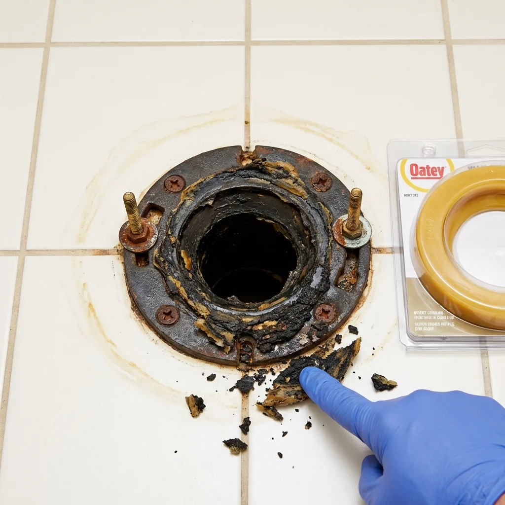 Failed wax ring showing water seepage at the base of a toilet in a Madelia, MN home