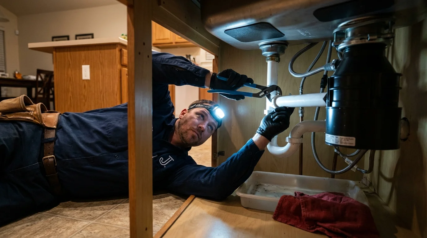 P-trap and supply line connections under a kitchen sink showing a common leak point in Madelia, MN